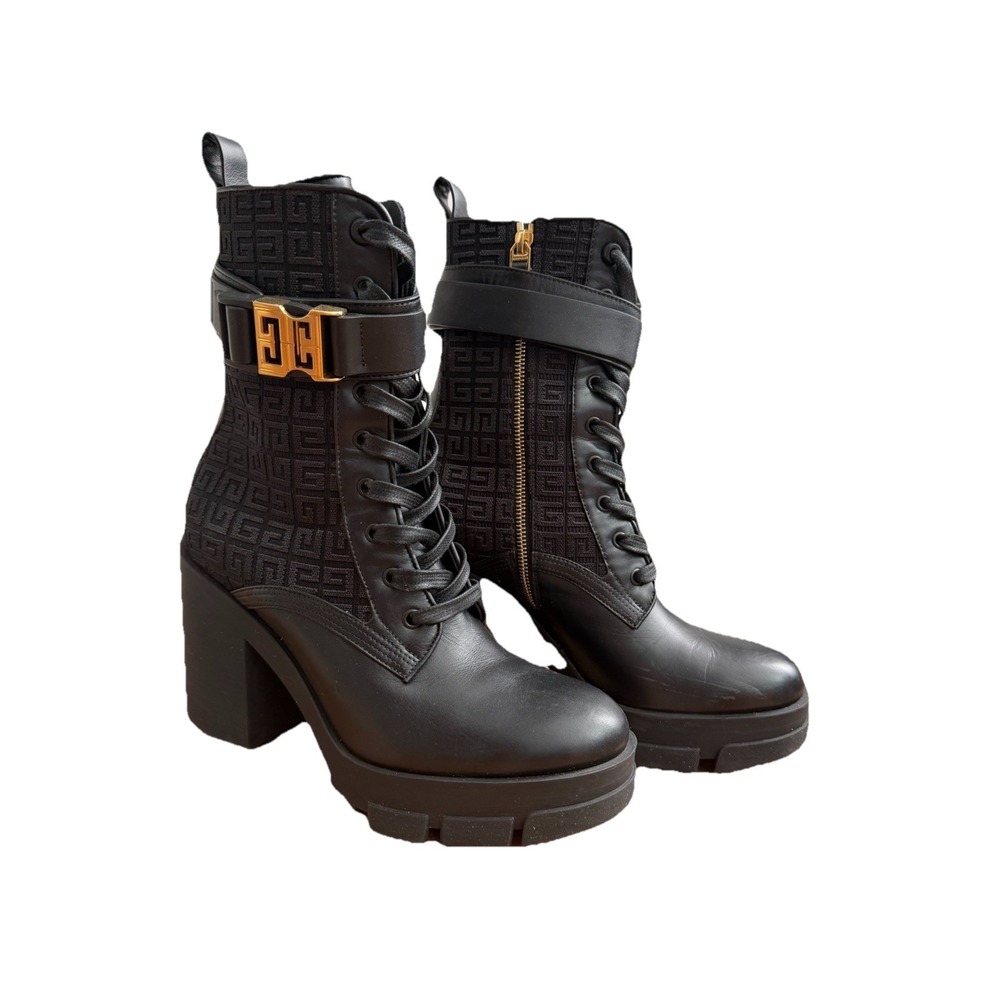 Givenchy Monogram Leather Canvas Combat Boot Black Gold Platform Heel Sz 40